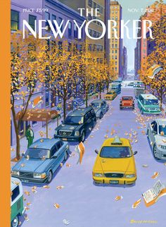 the new yorker magazine cover features cars on a snowy street with trees and buildings in the background