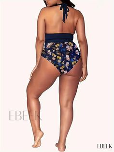 Ebeek - Stylish Plus Size Vacation Bikini Set: Womens Solid V Neck Backless Halter Bra with Graphic Print High Waisted Panty Swimsuit Two Piece Set Backless Beachwear Bottoms For Beach, High-waist Bodysuit For The Beach With Lined Body, High Waist Lined Bodysuit For Beach, Backless Bottoms For Beach Vacation, High Waist Lined Bodysuit For The Beach, Backless Beachwear Bottoms For Swimming, Fitted Halter Neck Bottoms For Pool, One-piece Beachwear Bottoms For Vacation, Plus Size Vacation