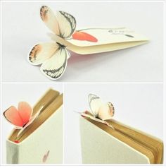 an open book with two butterflies on it and the pages are folded in different directions