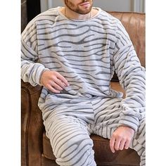 Season:Summer,Spring,Winter,Fall; Fabric:Flannel; Sleeve Length:Long Sleeve; Gender:Men's; Quantity:2 Pieces; Nightwear Style:Loungewear,Sleepwear,Pajama Set,Pajama Top and Pant; Style:Stylish,Casual,Comfort; Elasticity:Micro-elastic; Tops Type:Pullover; Occasion:Daily,Home; Function:Comfort; Pattern:Stripe; Design:Elastic Waist; Neckline:Crew Neck; Bottom Type:Pant; Listing Date:09/27/2023; Hips:; Length [Bottom]:; Length [Top]:; Shoulder Width:; Waist:; Feel of Sensation:Gender Neutral,Comfort,Soft; Bust:; Sleeve Length: Comfortable Long Sleeve Fleece Sleepwear, Luxury Men's Relaxed Fit Sleepwear, Casual Sleepwear With Elastic Waistband, Short Length, Comfortable Full-length Sleepwear With Elastic Waistband, Men's Loungewear, Men's Sleepwear & Loungewear, Comfort Home, Mens Sleepwear, Elegante Casual