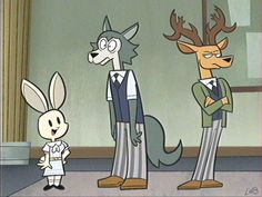 three cartoon characters standing next to each other in front of a window with an antelope