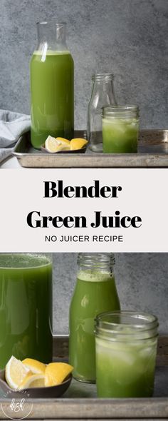 green juice in jars with lemons on the side