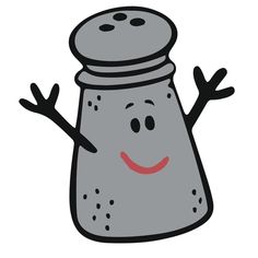 a cartoon salt shaker with its arms and legs spread out to the side, smiling