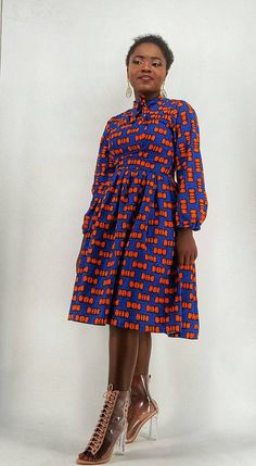 Dora African midi dress African mixed print dress African | Etsy Blue Long Sleeve Ankara Dress, Fitted Blue Dress With Bold Print, Fitted Cotton Dress With Vibrant Print, Fitted Dresses With Bold Multicolor Print, Fitted Long Sleeve Dress With Bold Print, African Midi Dress, Queen Clothes, Spring Summer Capsule Wardrobe, African Party Dresses