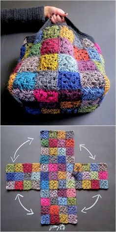 a crocheted cross purse is shown in two different colors and has the same pattern as