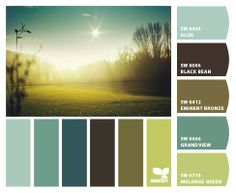 an image of the sun setting over a field with trees and grass in color swatches