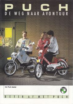 an advertisement for a scooter with two people on the back and one person sitting on