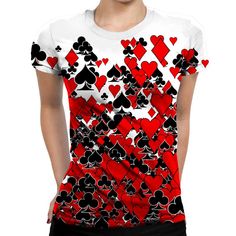 a women's t - shirt with hearts and spades all over the front