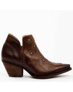 Shyanne Women's Ditza Western Booties - Snip Toe, Brown Western Booties, Heel Caps, Wood Bridge, Swirl Design, Get Directions, Rubber Heels, Gold Studs, Brown Leather, Swirl