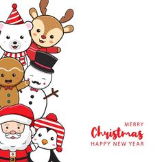 a group of cartoon animals standing next to each other in front of a christmas card