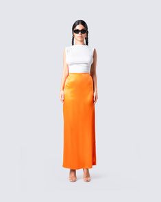 Pocketful of sunshine ☀️ Come out from the shadows and brighten up your closet with this perfect summertime maxi skirt constructed from silky orange satin 🧡 Pocketful Of Sunshine, Fuzzy Skirt, White Corset Dress, Denim Pleated Skirt, Floral Lace Skirt, Fire Orange, Skirt Draping, Satin Maxi Skirt, Chain Dress