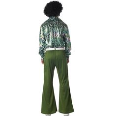 You're sure to stand out on that dance floor when you show up in this groovy costume. This Disco Envy Men's Costume includes a green button down shirt with geometric print, forest green bell bottom pants, and white belt. You're sure to look out of sight in this totally groovy ensemble. Green Retro Party Tops, Retro Green Top For Party, A Boogie, Ladies Man, California Costumes, Let's Dance, White Belt, Lets Dance, Bell Bottom Pants