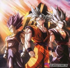 three young gohan are standing next to each other in front of an orange sky