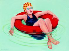 a painting of a woman floating on an inner tube