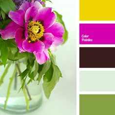 a vase filled with purple and green flowers on top of a white table next to color swatches