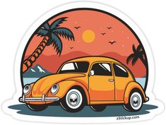 an orange vw beetle parked in front of a palm tree on the beach at sunset