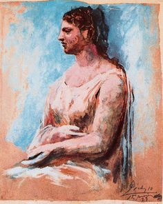 a painting of a man with no shirt on sitting in front of a blue background