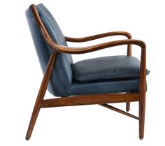 a blue leather chair with wooden frame and arms