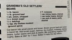 the menu for grandma's old settlers beans