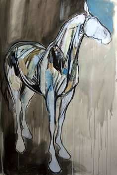 a painting of a horse standing in front of a wall with water droplets on it