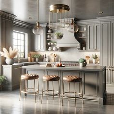 a kitchen with two stools in front of an island and three lights hanging from the ceiling