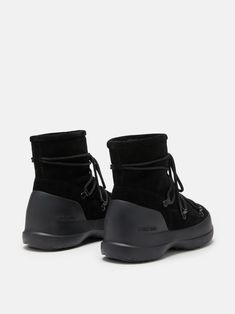 black calf suede embossed logo to the side front lace-up fastening round toe chunky rubber sole Boots Moon, Versace Leather Jacket, Expensive Handbags, Moon Boot, Mule Sneakers, Stella Mccartney Bag, Brown Suede Boots, Italian Shoes, Low Boots