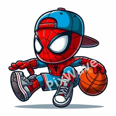 a cartoon spider man with a basketball in his hand and wearing a blue baseball cap