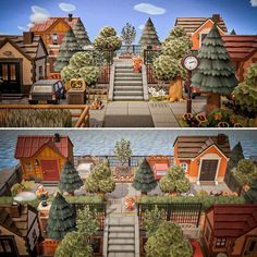 this is an image of two different houses in the same area, one with stairs and another with trees