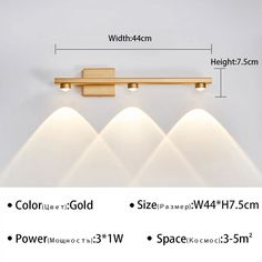 three lights are shown on the wall with measurements for each light and one is white