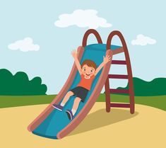 a little boy sliding down a slide in the park with his hands up and smiling