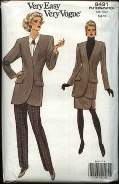 a woman's jacket and pants sewing pattern, with the image of a woman wearing a