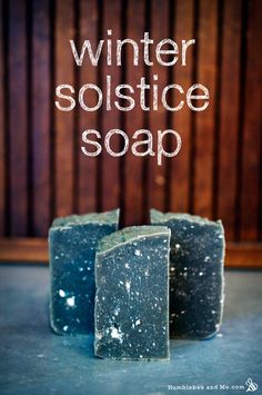 three soap bars with the words winter solstice soap