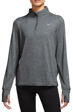 Stay comfortable on breezy days and protected on sunny days in this sweat-wicking quarter-zip pullover crafted with built-in UV protection. Signature Dri-FIT technology helps keep you cool and dry while a pocket at the side provides space for securely storing essentials and thumbholes at the cuffs keep sleeves in place during your morning run. 24" length (size Medium) Quarter-zip closure Long sleeves with thumbhole cuffs Dri-FIT moisture-wicking technology 88% polyester, 12% spandex Machine wash Nike Moisture-wicking Sweatshirt For Outdoor Activities, Nike Functional Moisture-wicking Sweatshirt, Nike Long Sleeve Gray Activewear, Nike Functional Sweatshirt With Moisture-wicking, Nike Gray Long Sleeve Activewear, Nike Long Sleeve Sweatshirt For Outdoor Activities, Nike Long Sleeve Running Top, Nike Sporty Tops For Outdoor Activities, Half-zip Running Tops