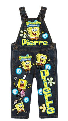 a pair of denim overalls with spongebob on the front and back side