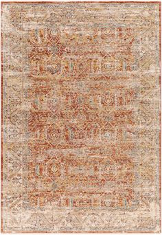 an orange and beige area rug with many different colored designs on the edges, including two rows