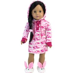 an american girl doll dressed in pink and white camo, with long black hair