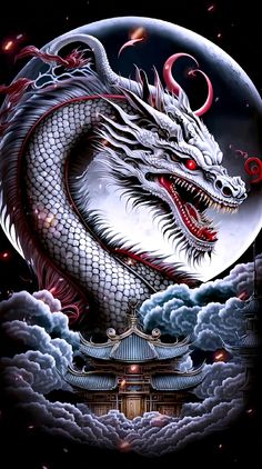 a white dragon with red eyes is in front of a full moon and some clouds