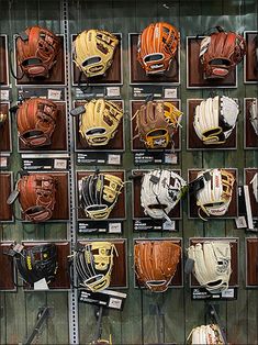 baseball catchers mitts and gloves are on display