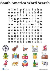 the south america word search is shown in this image, with words and pictures on it