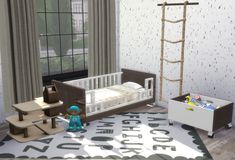 a child's room with a crib, bed and toys on the floor