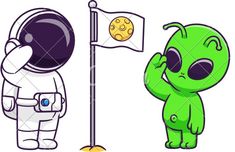 an alien standing next to a flag pole and another cartoon character holding a ball in his hand