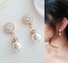 Simple Gold Pearl Earrings- Bronte - PoetryDesigns Silver Pearl Drop Earrings, Simple Pearl Earrings, Pearl Drop Earrings Bridal, Pearl Bride, Rose Gold Pearl, Rose Gold And Silver, Bridal Earrings Drop, Pearl Earrings Wedding, Simple Pearl