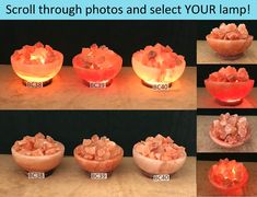 several bowls with different types of rocks in them and the words scroll through photos and select your lamp