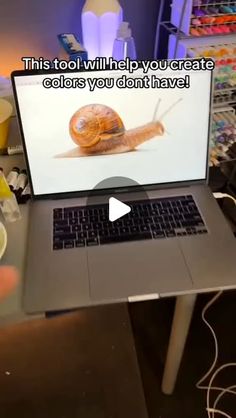 a laptop computer sitting on top of a desk with a snail on it's screen