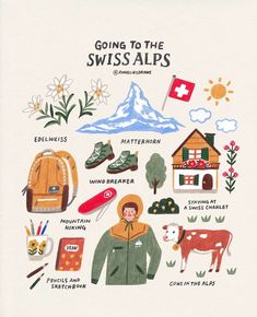 an illustrated poster with different things to see in the swiss alps, including shoes and backpacks