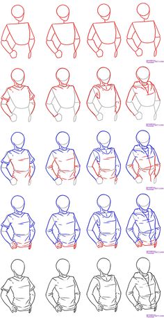 how to draw people in different poses with the same head and shoulders, from top to bottom