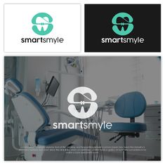 the logo for smartstyyle is shown in two different colors and font, along with an image of a dentist's chair