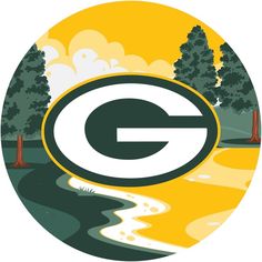 the green bay packers logo is shown in an oval with trees and clouds behind it