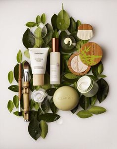 an assortment of skin care products arranged on top of green leaves