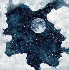 an image of the moon in the sky with clouds and stars around it, as seen from above